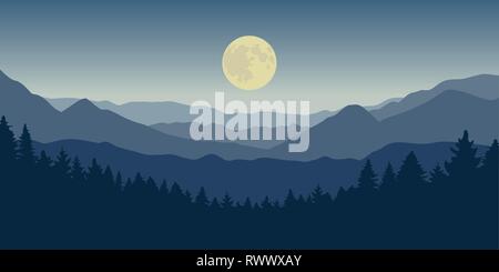 blue mountain and forest landscape at night with full moon vector illustration EPS10 Stock Vector