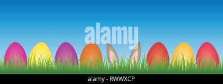 hare ears in the meadow between colorful Easter eggs vector illustration EPS10 Stock Vector