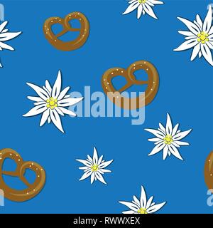seamless pattern edelweiss flower and pretzel on blue background vector illustration EPS10 Stock Vector