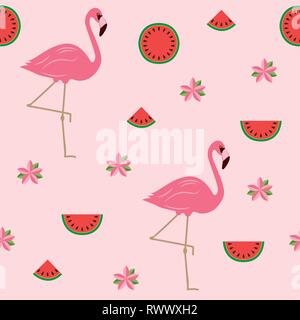 seamless pattern tropical summer design with flamingos flowers and watermelon vector illustration EPS10 Stock Vector