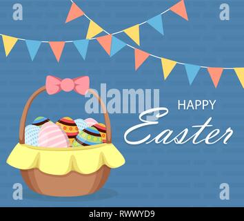 Happy Easter greeting card. Basket full of colored eggs. Easter, spring concept. Vector illustration for holiday. Stock Vector
