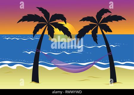 hammock between palm trees on the beach at sunset vector illustration EPS10 Stock Vector