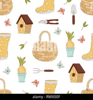 SPRING CRAFT Season Garden Work Nature Holiday Cartoon Seamless Pattern Vector Illustration for Print Fabric and Digital Paper. Stock Vector