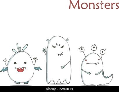 Set of cute happy white monster. Hand drawn illustration fluffy cartoon clip art on white background. Stock Vector