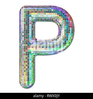 Disco font, letter P from glitter mirror facets. 3D rendering isolated on white background Stock Photo