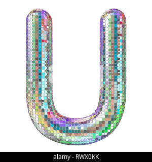 Disco font, letter U from glitter mirror facets. 3D rendering isolated on white background Stock Photo