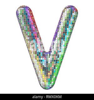 Disco font, letter V from glitter mirror facets. 3D rendering isolated on white background Stock Photo