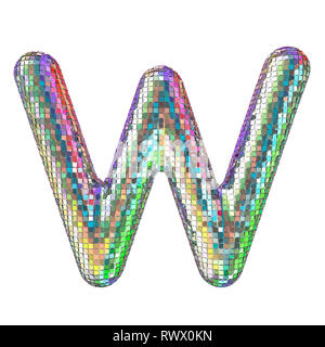 Disco font, letter W from glitter mirror facets. 3D rendering isolated on white background Stock Photo