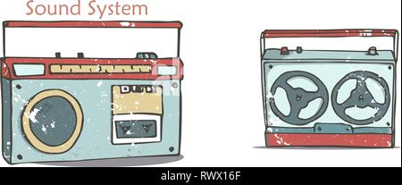 Vintage audio players. Music record. Cartoon in retro style with grunge textures and rust effect. Hand drawn clip art Stock Vector