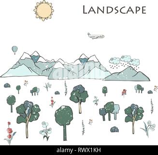 Hand drawing mountains pines clouds and plants, flowers vector illustration grunge style texture, landscape vector. Stock Vector