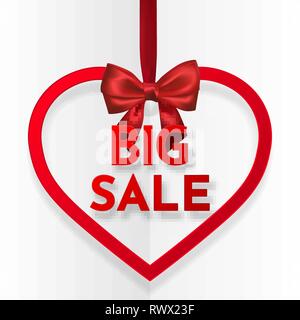Big sale. Bright holiday heart frame banner hanging with red ribbon and silky bow on white background. Vector illustration. Stock Vector