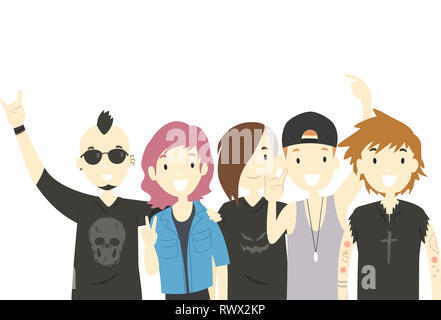 Illustration of Teenage Girl and Guys. Fans Posing with Teenage Rock Band Stock Photo