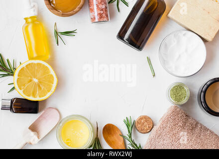 Natural organic spa ingredients with manuka honey, essential oil bottle,  clay powder , bath salt, rosemary branches, natural soap, lemon top view  with Stock Photo - Alamy