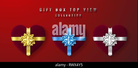 Set White heart shape gift box with bow and ribbon top view. Element for decoration gifts, greetings, holidays. Vector illustration. Stock Vector