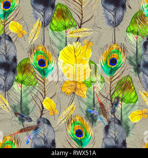 Watercolor seamless pattern. Hand painted texture with various multicolor feathers. Stock Photo