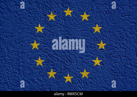 European Union Politics Or Business Concept: EU Flag Wall With Plaster, Background Texture Stock Photo