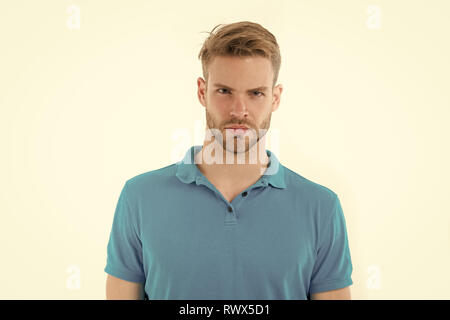 Focused glance. Man bristle concentrated strict face looks at camera isolated white. Man beard unshaven guy looks handsome and cool. Guy bearded concentrated focused looking forward. Stock Photo
