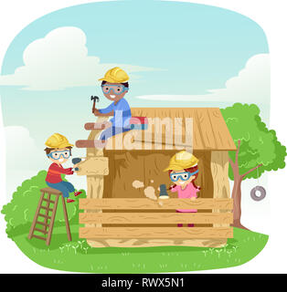 Illustration of Stickman Kids Wearing Yellow Hats Constructing A Wooden Play House. Woodworking Stock Photo