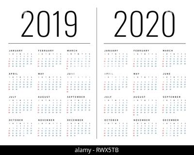 Mockup Simple calendar Layout for 2019 and 2020 years. Week starts from ...