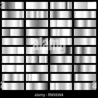 Collection of silver, chrome metallic gradient. Brilliant plates with silver effect. Vector illustration. Stock Vector