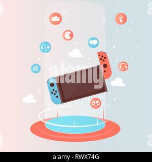 Anti-gravity floating video game console with gaming icon. Stock Vector