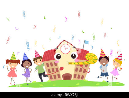Illustration of Stickman Kids Wearing Birthday Hats Celebrating and Having a Party with a School Mascot with Confetti Falling Stock Photo