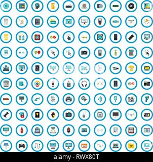 100 digital icons set, flat style Stock Vector