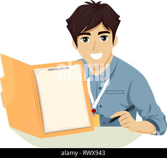 Illustration of a Teenage Guy Intern Holding a Pen and Showing a Blank File in a Folder Stock Photo