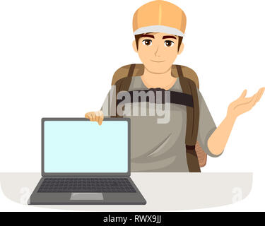 Illustration of a Teenage Guy with Backpack and Showing a Laptop about His Travel Blog Stock Photo