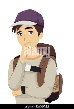 Illustration of a Teenage Guy Thinking with a Travel Backpack Stock Photo