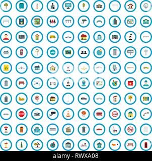 100 district icons set, flat style Stock Vector