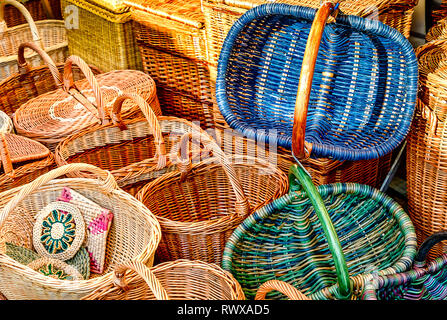 Shopping for wicker baskets at a German weekly market Stock Photo