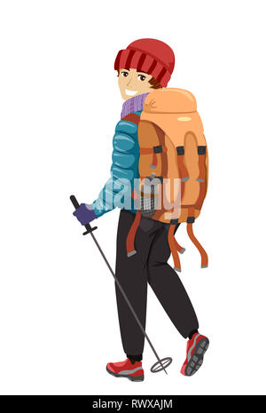 Illustration of a Teenage Guy with Backpack and Holding a Winter Trekking Pole Stock Photo