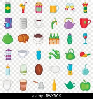 Fruit and drink icons set, cartoon style Stock Vector