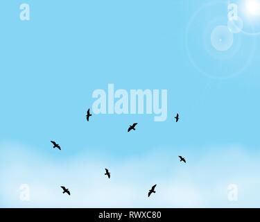 Blue sky background with sunshine and clouds. Above the silhouette of flying birds space for the copy. Vector illustration. Stock Vector