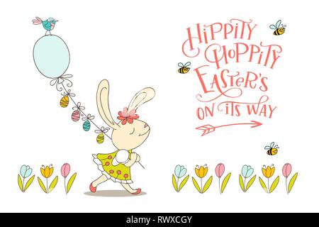 Handwritten text Hippity Hoppity Easter is on its way and hand drawn birds, flowers, cute bunny girl with eggs. The concept of Christian spring holida Stock Vector