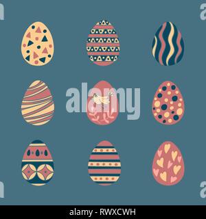 Colorful Easter eggs hand drawn icon set in doodle style on blue background. Perfect vector design elements for decorations greeting card, holidays pa Stock Vector