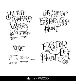 Set of hand drawn lettering phrase 'Easter Egg Hunt', 'Hippity, Hoppity Easter’s on Its Way', 'Let’s go on Easter Eggs Hunt', 'Start'. Handwritten cal Stock Vector