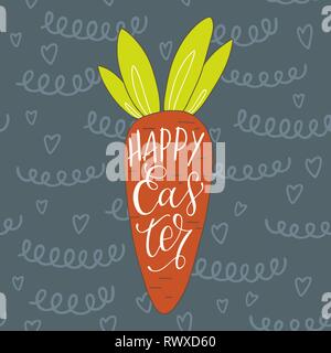 Happy Easter greeting card. Hand drawn carrot and handwritten text inside. The concept of Christian spring celebration congratulation. Vector illustra Stock Vector