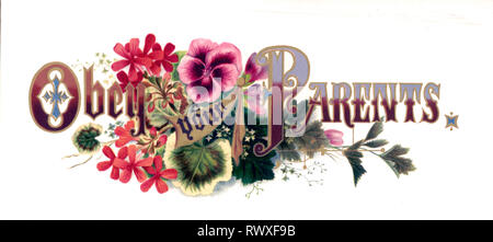 Print shows a floral arrangement as a backdrop for the phrase 'Obey Your Parents.' Stock Photo