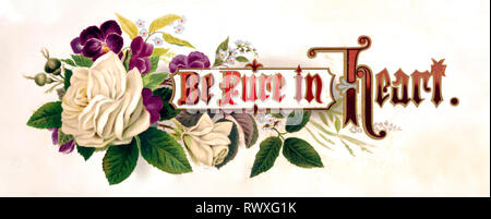 Print shows a floral arrangement of white roses and other flowers as a backdrop for the phrase 'Be Pure in Heart.' Stock Photo