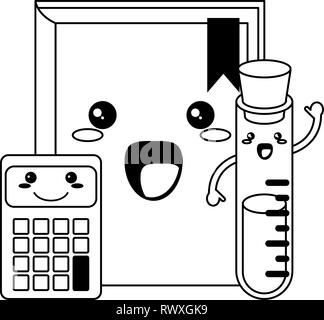 School utensils kawaii cartoons in black and white Stock Vector