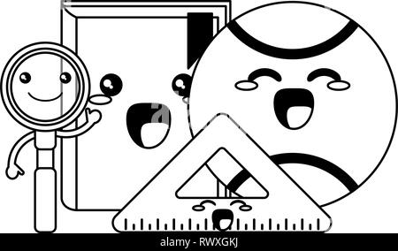 School utensils kawaii cartoons in black and white Stock Vector