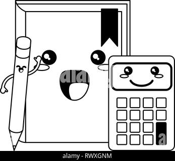 School utensils kawaii cartoons in black and white Stock Vector