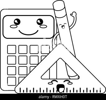 School utensils kawaii cartoons in black and white Stock Vector