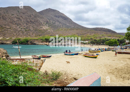 Cape Verde, Santiago island: colourful fishing barges on the sand of Tarrafal Beach *** Local Caption *** Stock Photo