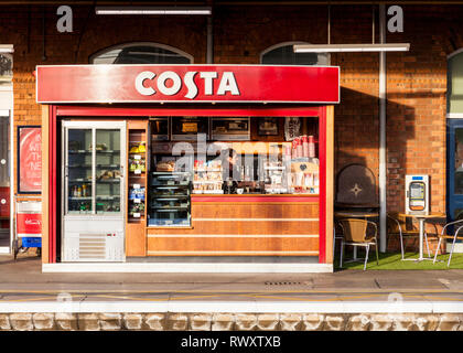 Costa Coffee shop on a platform at Grantham Railway Station, Grantham, Lincolnshire, England, UK