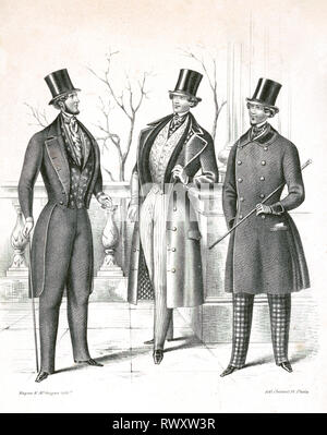 Print shows an advertisement for men's clothing showing three fashionably dressed men with top hats and walking sticks ca. 1846-1858 Stock Photo