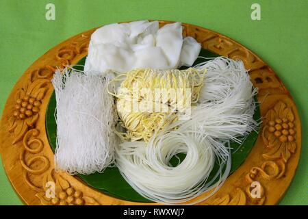 different type of noodle on wood tray Stock Photo