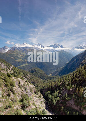 Panorama of massive Alpine mountains. Landscape with mountain hut in ...